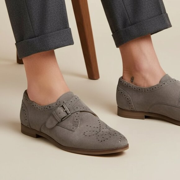 Women's Grey Suede Brogue Loafer Shoes Size 6.5 Buckle Preppy Western Academia - Picture 1 of 13